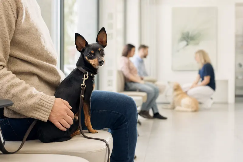 Ein Moskauer Zwergterrier sitzt ruhig neben seinem Besitzer im hellen Wartezimmer einer modernen Tierarztpraxis.